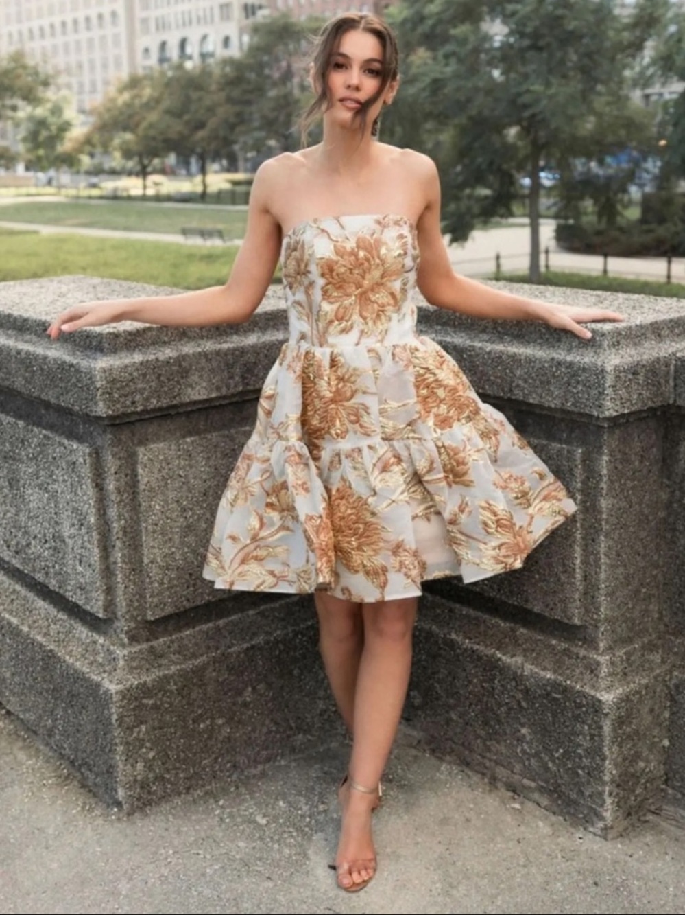 Mac Duggal 20718 Gold Strapless Brocade Mini Dress with Pockets